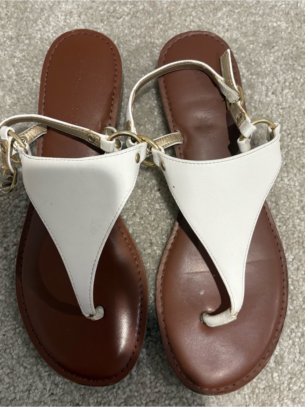 Kelly & Katie White and Brown Thong Sandals with Gold Accents